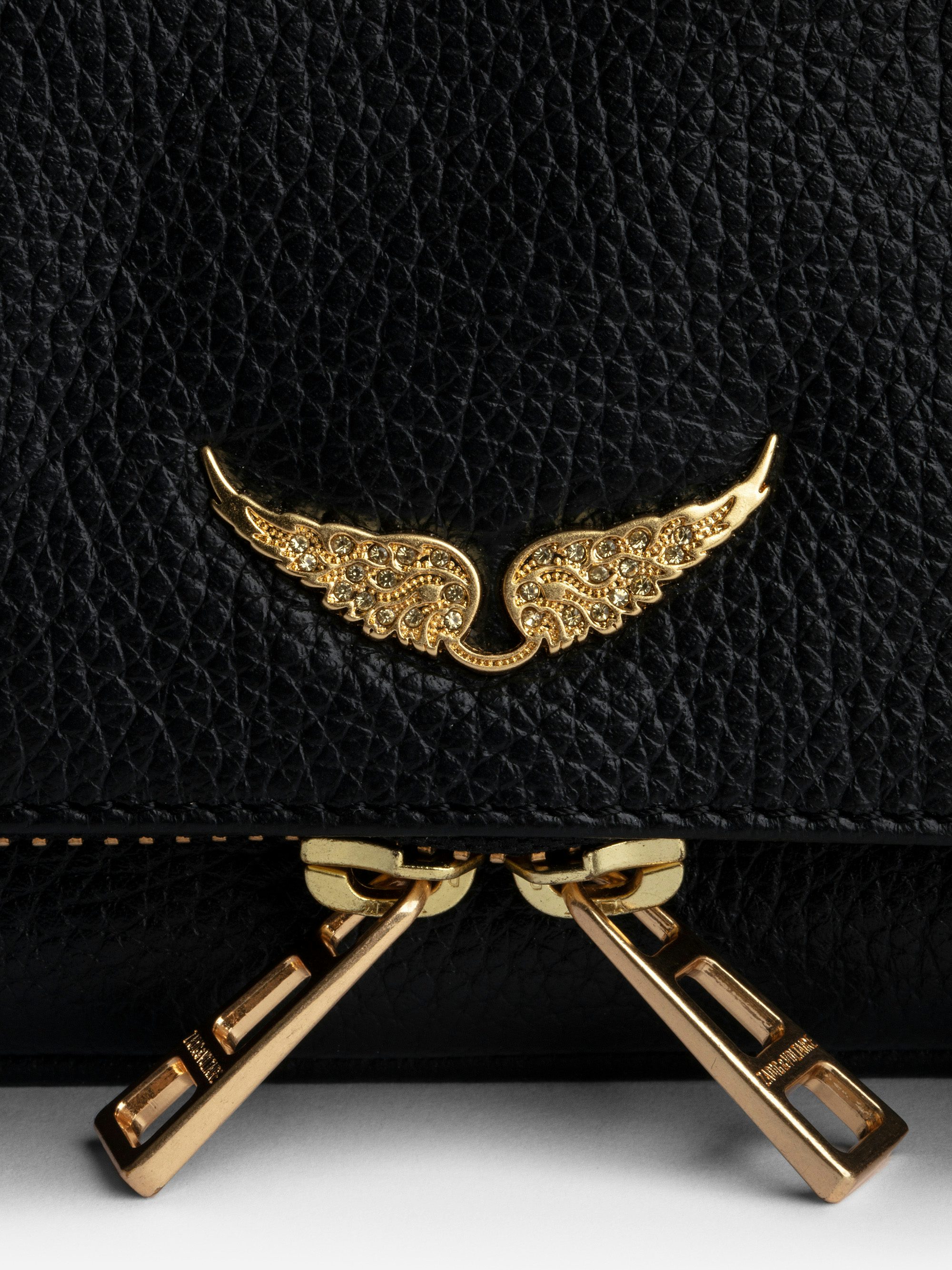 Rock Nano Clutch - Grained leather clutch with double leather and metal chains and rhinestone-adorned wings.